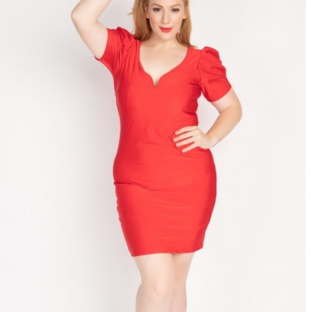 Red Orange Satin puff sleeves mini dress